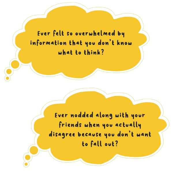 Yellow cloud window clings with questions in
