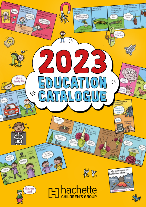 Cover for the 2023 HCG Education Catalogue with cartoon drawings and comic strip images